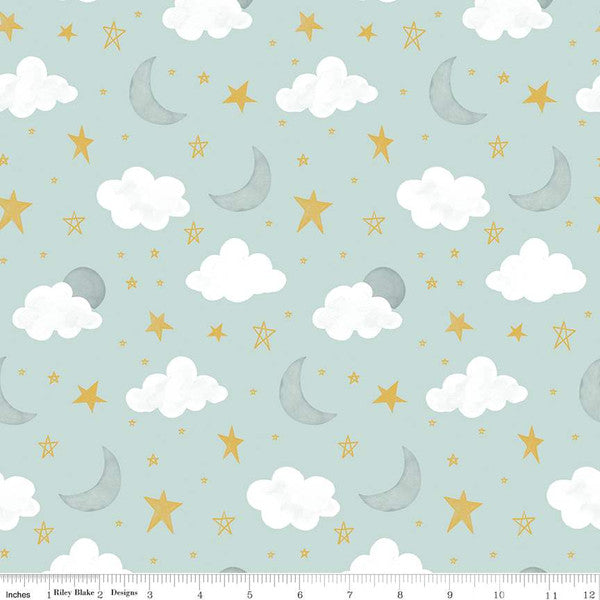 It's a Boy Stars & Moons Aqua Blue Echo Park Paper Co. Riley Blake Cotton Fabric