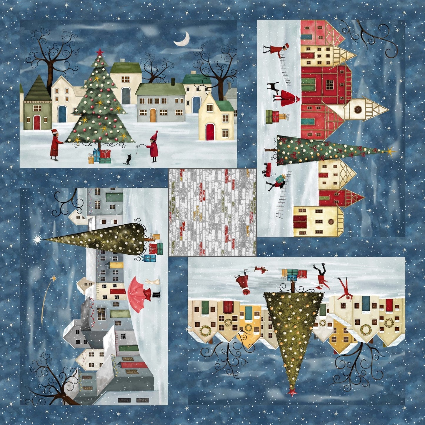 It's the Holidays Holiday Village Panel 43"x43" Denim Goldi L. Studio Henry Glass Cotton Fabric HG-2037P-75