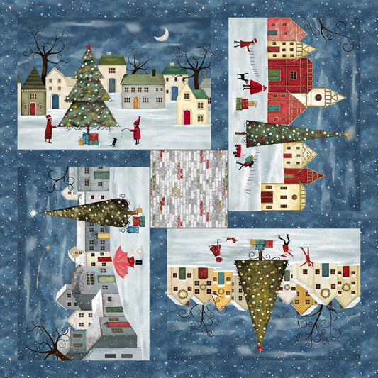 It's the Holidays Holiday Village Panel 43"x43" Denim Goldi L. Studio Henry Glass Cotton Fabric HG-2037P-75