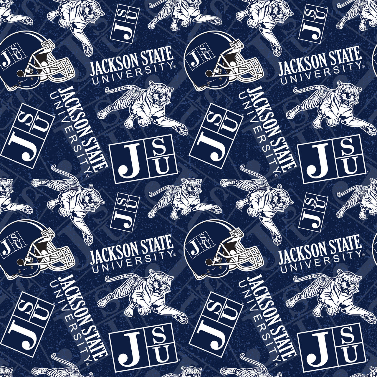 Jackson State Tigers NCAA College Logo Tone on Tone Navy Blue Sykel Cotton Fabric