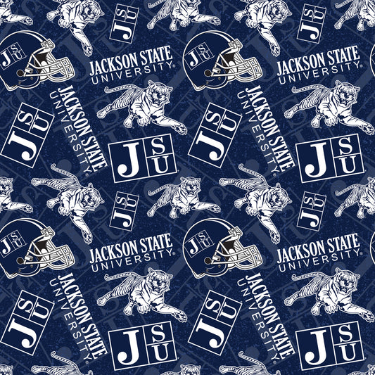 Jackson State Tigers NCAA College Logo Tone on Tone Navy Blue Sykel Cotton Fabric