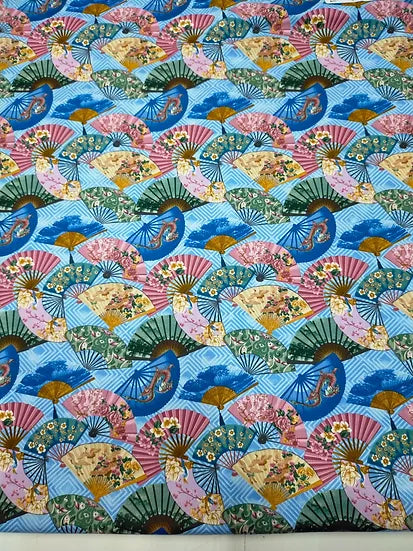 Japanese Elegance Fans with Floral Tossed Blue Sykel Enterprises Cotton Fabric