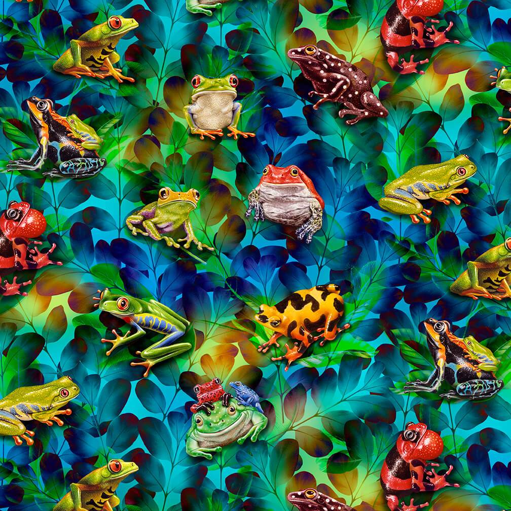 Jewels of the Jungle Leaping Frogs Foliage Cerulean Blue Lori Anzalone Studio E Cotton Fabric