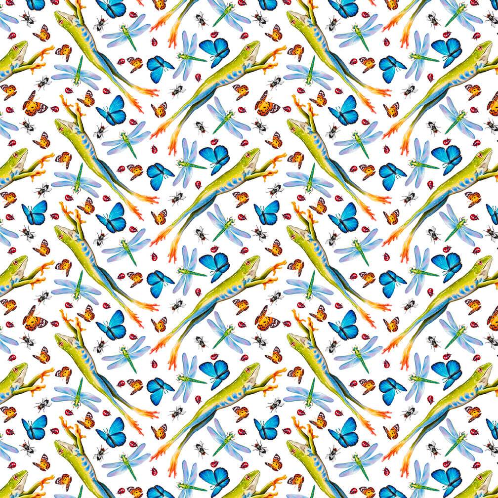 Jewels of the Jungle Leaping Frogs Insects White Lori Anzalone Studio E Cotton Fabric | US Fabric Shop