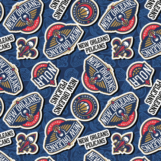 New Orleans Pelicans NBA Basketball 2023 Sticker Toss Navy Camelot Cotton Fabric