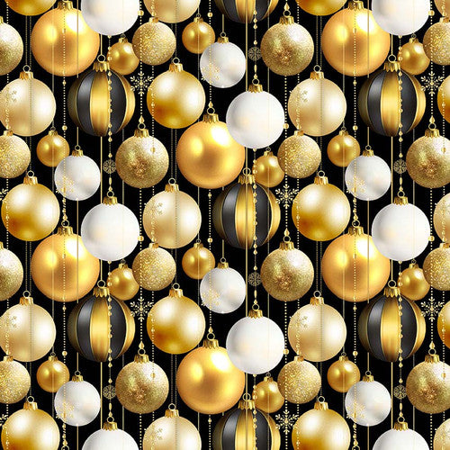 Jingle and Mingle Glitter Ornament Black Gold Metallic Sinead Jones Blank Quilting Cotton Fabric