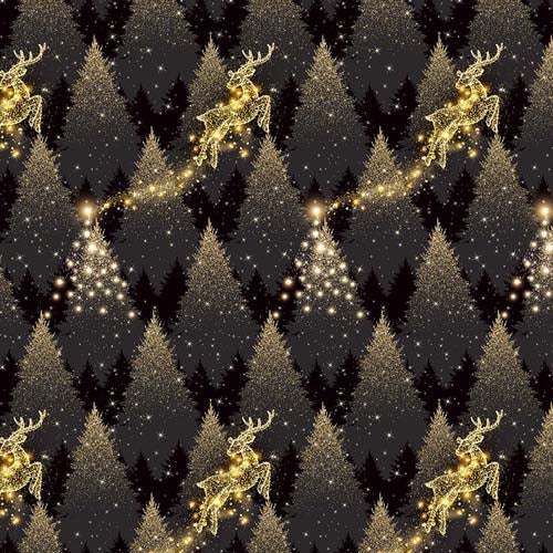 Jingle and Mingle Glitter Tree and Deer Black Gold Metallic Sinead Jones Blank Quilting Cotton Fabric" wide