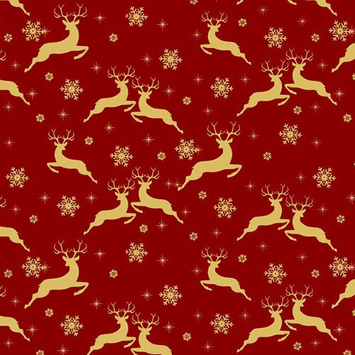 Jingle and Mingle Golden Reindeer Red Metallic Sinead Jones Blank Quilting Cotton Fabric