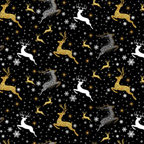 Jingle and Mingle Large Deer Black Gold Metallic Sinead Jones Blank Quilting Cotton Fabric