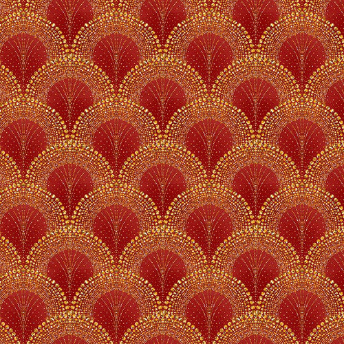 Jingle and Mingle Scallop Fan Red Gold Metallic Sinead Jones Blank Quilting Cotton Fabric