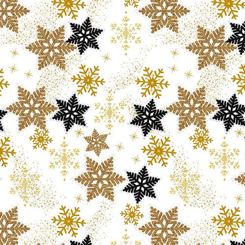 Jingle and Mingle Golden Snowflake White Sinead Jones Blank Quilting Cotton Fabric