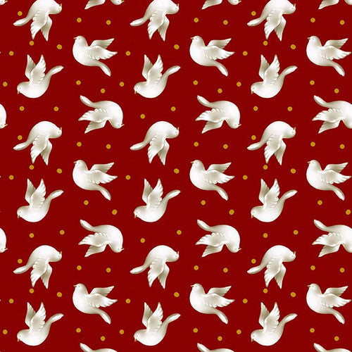 Jingle and Mingle Tossed White Dove Red Metallic Sinead Jones Blank Quilting Cotton Fabric