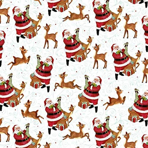 Jolly Ole Soul Santa and Reindeer Toss White Multi Barb Tourtillotte Henry Glass Cotton Fabric