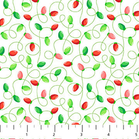 Jolly Holiday Lit Christmas Lights Swirl White Patrick Lose Northcott Cotton Fabric