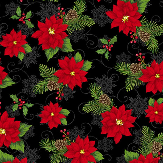 Joy of the Season Joyful Poinsettia Black Molly B Benartex Cotton Fabric