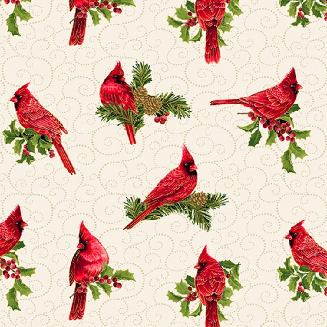 Joy of the Season Nature Sings Red Cardinal Cream Molly B Benartex Cotton Fabric