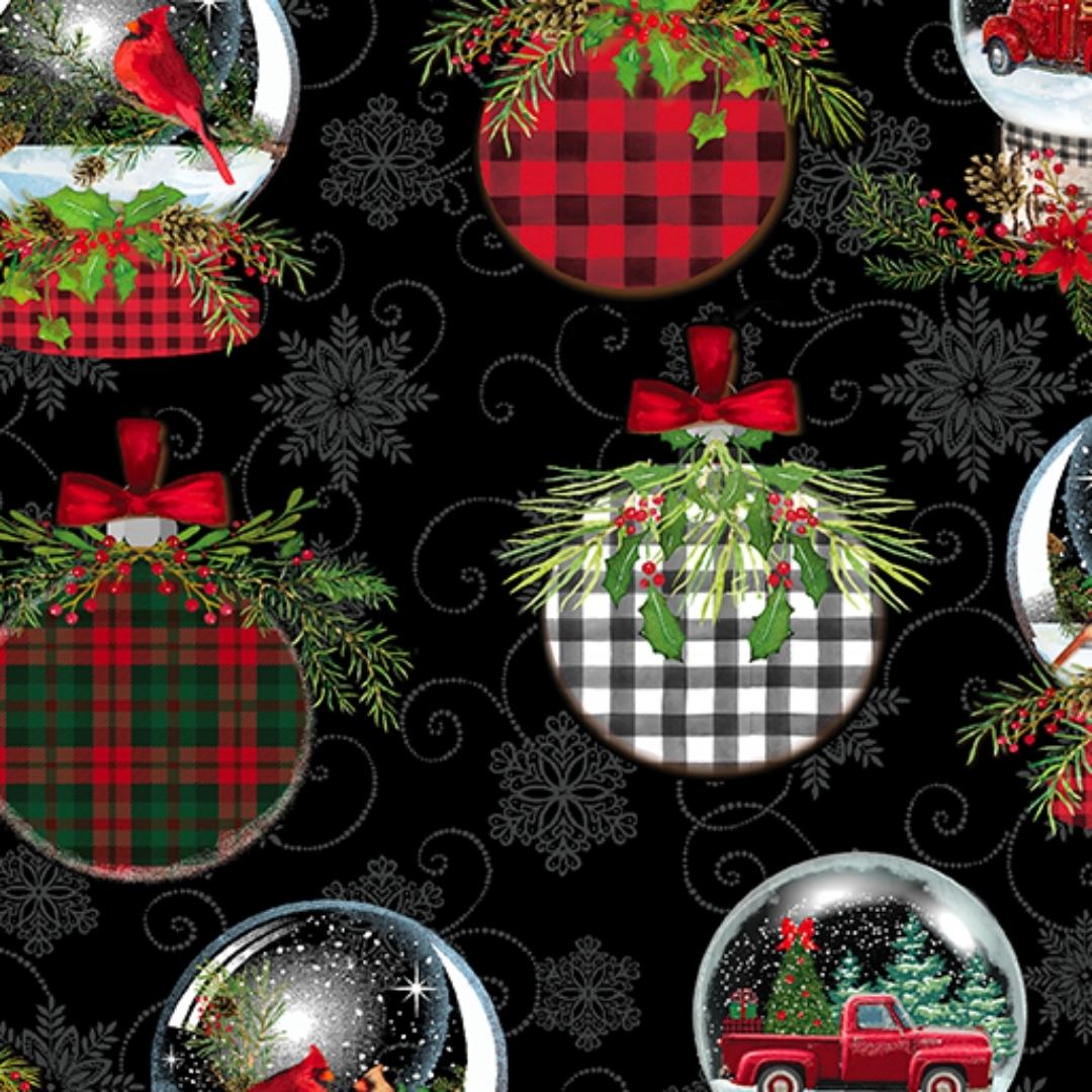 Joy of the Season Ornaments on Black Molly B Benartex Cotton Fabric