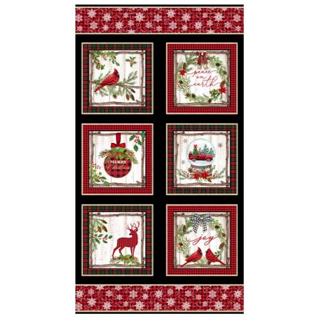 Joy of the Season Red Cardinal Deer Truck Wreath Joy Panel 24" Molly B Benartex Cotton Fabric