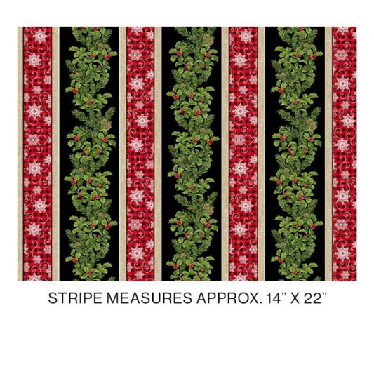 Joy of the Season Stripe Leaves Snowflake Black Multi Red Green Molly B Benartex Cotton Fabric