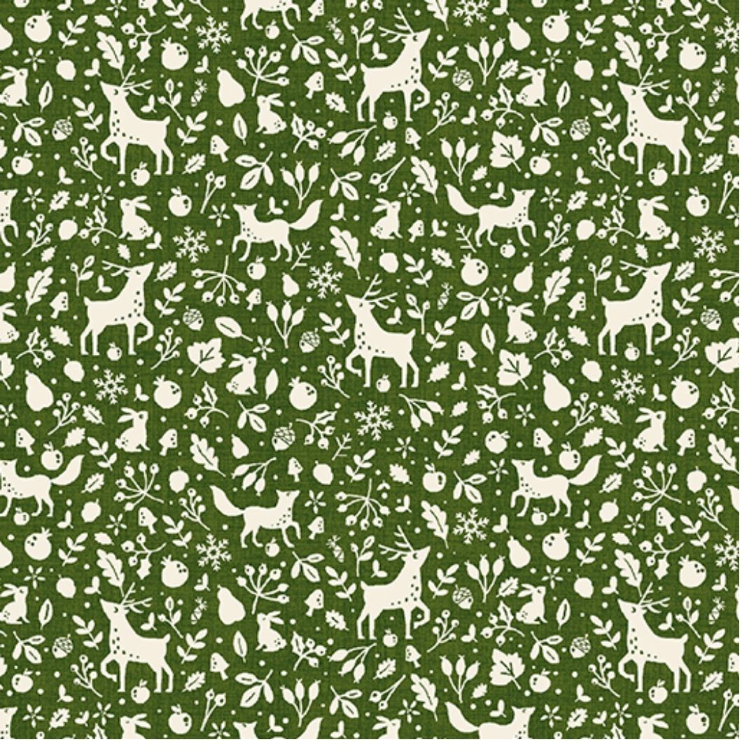 Joy of the Season Winter Animals Green Cream Deer Rabbit Leaves Molly B Benartex Cotton Fabric