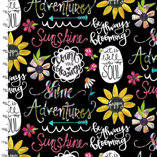 Joy Blooms Expressions Inspirational Words Text Black Bethany Joy 3 Wishes Cotton Fabric