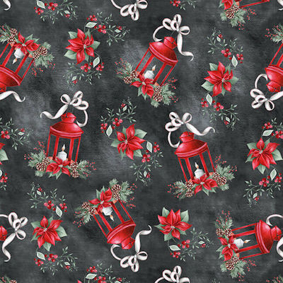 Joyful Tidings Lanterns Poinsettia Black Emma Leach Blank Quilting Cotton Fabric