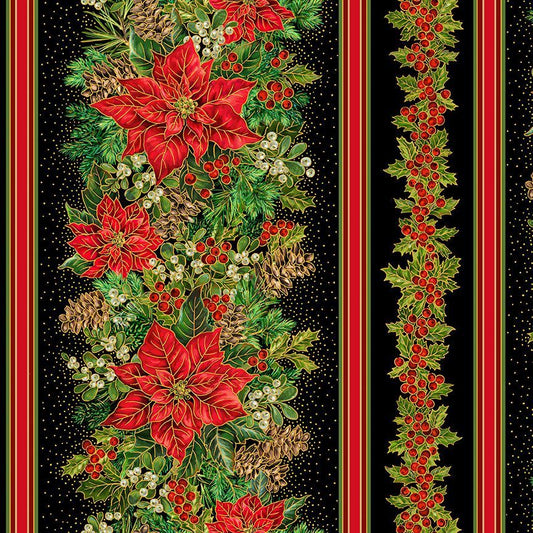Joyful Poinsettia Border Stripe Metallic Black Dona Gelsinger Timeless Treasures Cotton Fabric TT-DONA-CM3712-BLACK