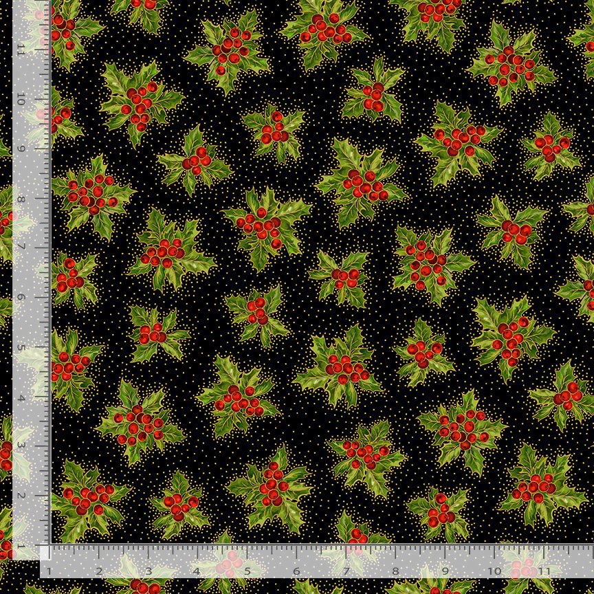 Joyful Tossed Holly Metallic Black Dona Gelsinger Timeless Treasures Cotton Fabric TT-DONA-CM3715-BLACK