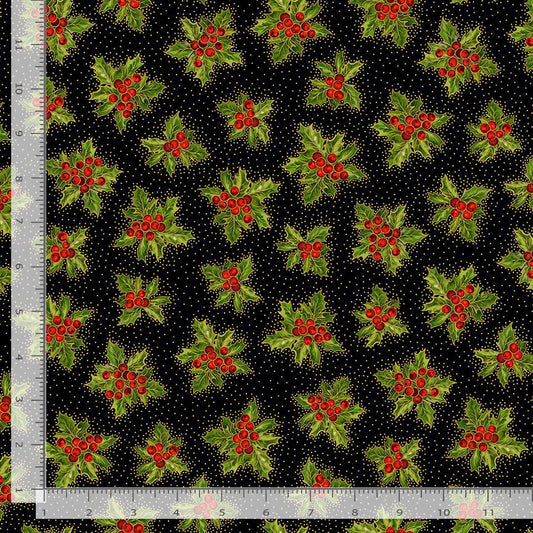 Joyful Tossed Holly Metallic Black Dona Gelsinger Timeless Treasures Cotton Fabric TT-DONA-CM3715-BLACK