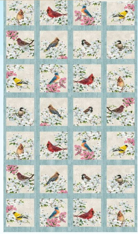 Joys of Spring Birds Cherry Blossom Panel 24" Blue Abraham Hunter Northcott Fabrics Cotton Fabric