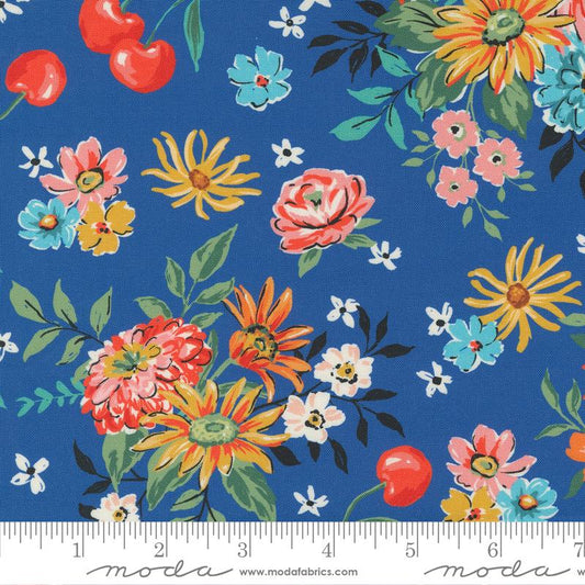 Julia Cherry Cordial Large Floral Delft Dark Blue Crystal Manning Moda Cotton Fabric