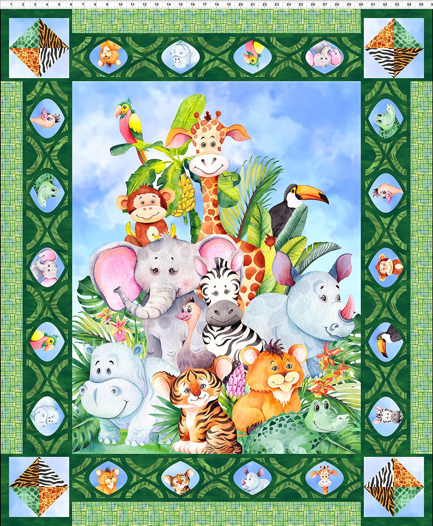 Jungle Friends Large Panel 36” Multi Jason Yenter In The Beginning Cotton Fabric