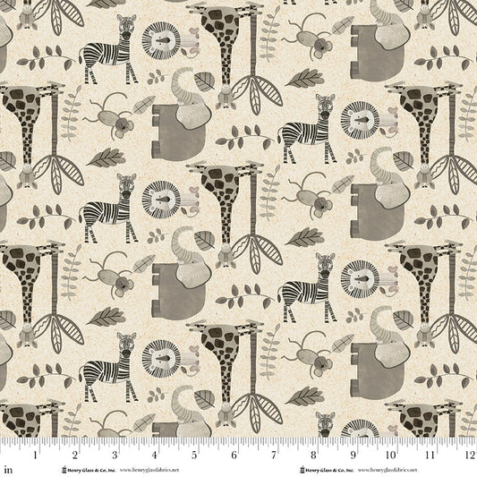 Jungle Romp Small Overall Animals Cream Betsey Cavallo Henry Glass Cotton Fabric HG-2108-44