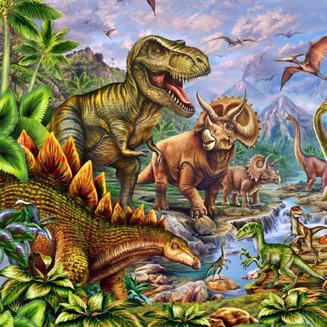 Jurassic Journey Dinosaur Scenic Multi Eva Nikolskaya Quilting Treasures Cotton Fabric | US Fabric Shop