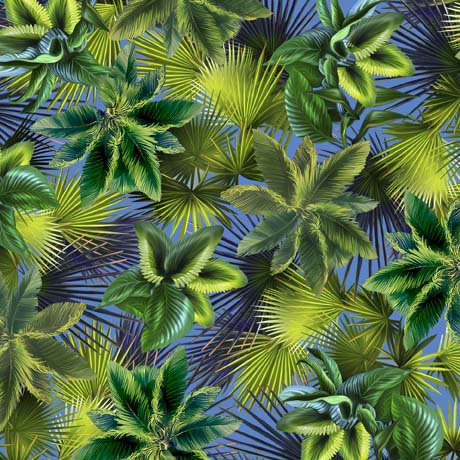 Jurassic Journey Palm Leaves Blue Eva Nikolskaya Quilting Treasures Cotton Fabric