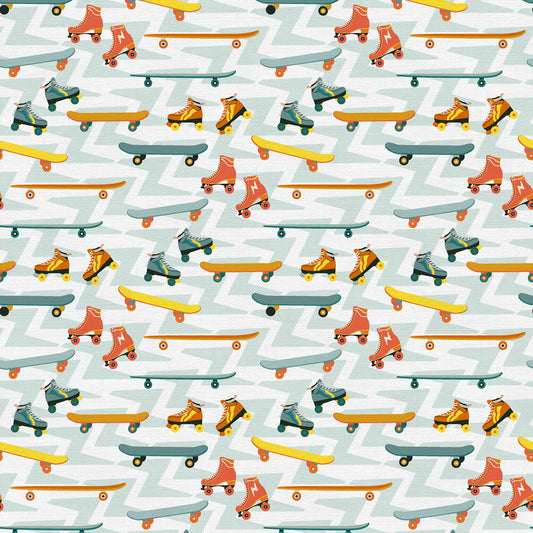Jurassic Joyrides Skateboards & Roller Skates Blue Multi Paintbrush Studio Cotton Quilting Fabric PBS-120-25407