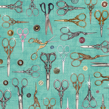 Just Sew Scissors Turquoise Dan Morris Quilting Treasures Cotton Fabric