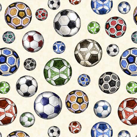 Just Kicks Soccer Balls Cream Dan Morris Quilting Treasures Cotton Fabric