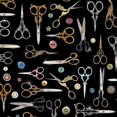 Just Sew Scissors Black Dan Morris Quilting Treasures Cotton Fabric