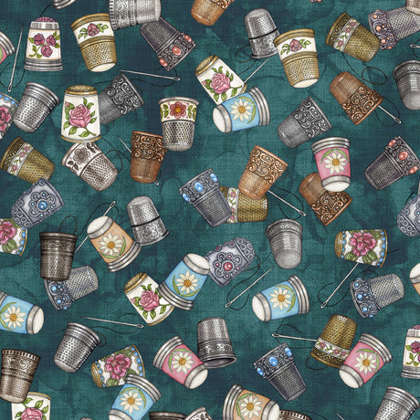 Just Sew Thimbles Turquoise Dan Morris Quilting Treasures Cotton Fabric