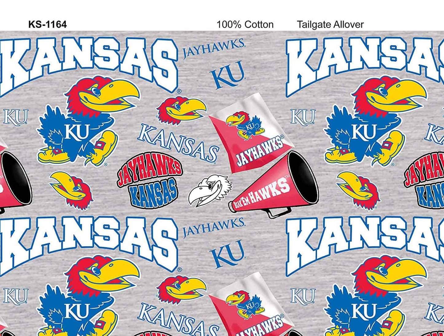 Kansas Jayhawks NCAA KU Collegiate Mascot Heather Gray Sykel Cotton Fabric