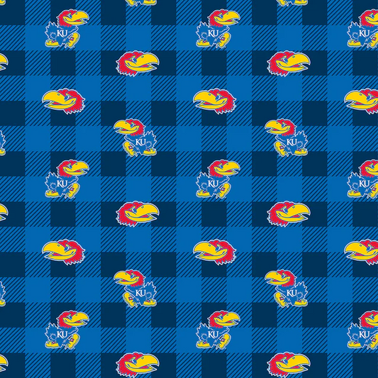 Kansas Jayhawks NCAA College Buffalo Plaid Sykel Enterprises Polyester Fleece Fabric KS-1190