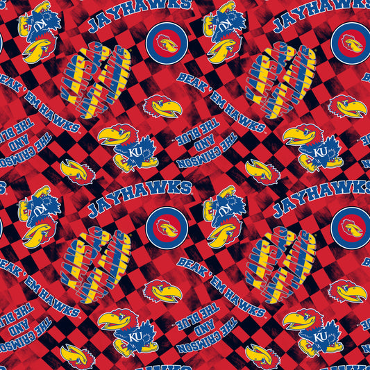 Kansas Jayhawks NCAA College Checks Red Sykel Enterprises Canvas Duck Cloth Cotton Fabric KS-1380-RED