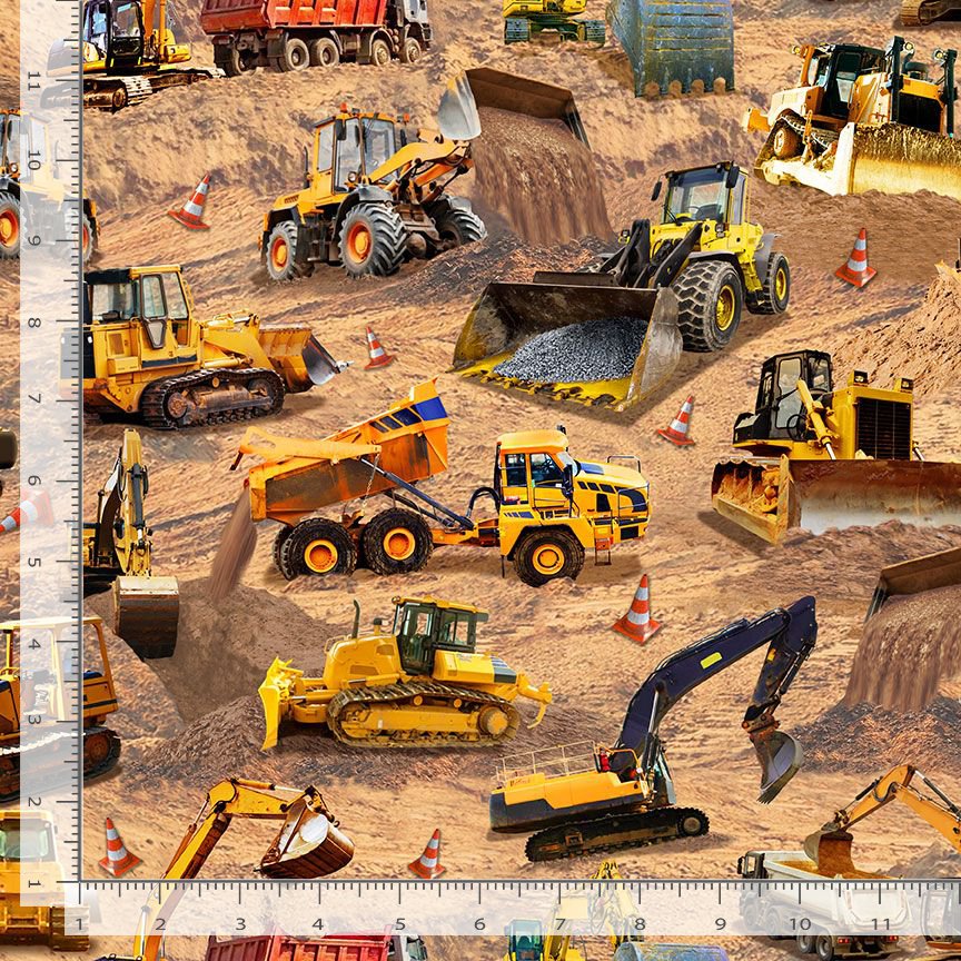Keep on Truckin' Construction Site Scene Brown Michael Searle Timeless Treasures Cotton Fabric TT-MICHAEL-CD3737-BROWN