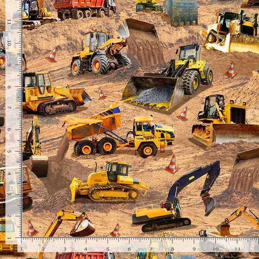 Keep on Truckin' Construction Site Scene Brown Michael Searle Timeless Treasures Cotton Fabric TT-MICHAEL-CD3737-BROWN
