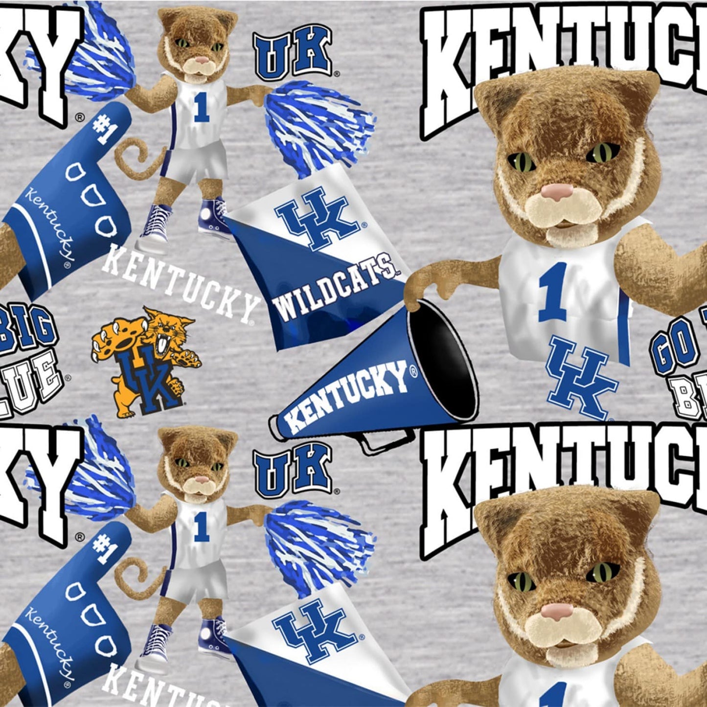 Kentucky Wildcats NCAA College UK Mascot Allover Heather Gray Sykel Cotton Fabric