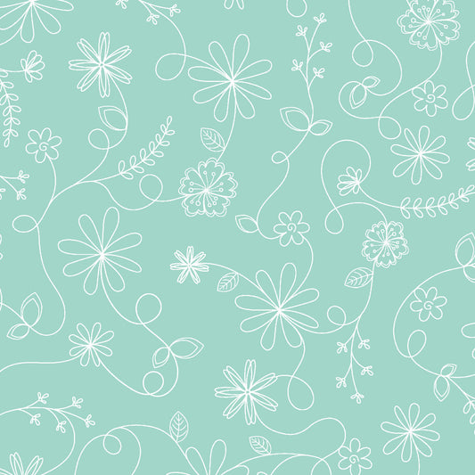 Kimberbell Basics Swirl Floral White Aqua Kim Christopherson Maywood Studio Cotton Fabric MS-8261-Q