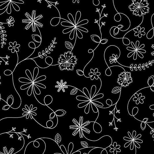 Kimberbell Basics Swirl Floral White Black Kim Christopherson Maywood Studio Cotton Fabric MS-8261-J