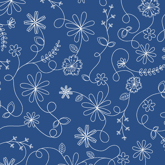 Kimberbell Basics Swirl Floral White Blue Kim Christopherson Maywood Studio Cotton Fabric MS-8261-B