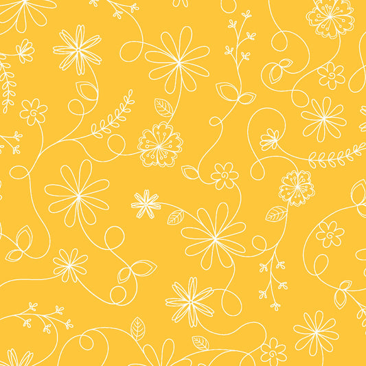 Kimberbell Basics Swirl Floral White Yellow Kim Christopherson Maywood Studio Cotton Fabric MS-8261-S